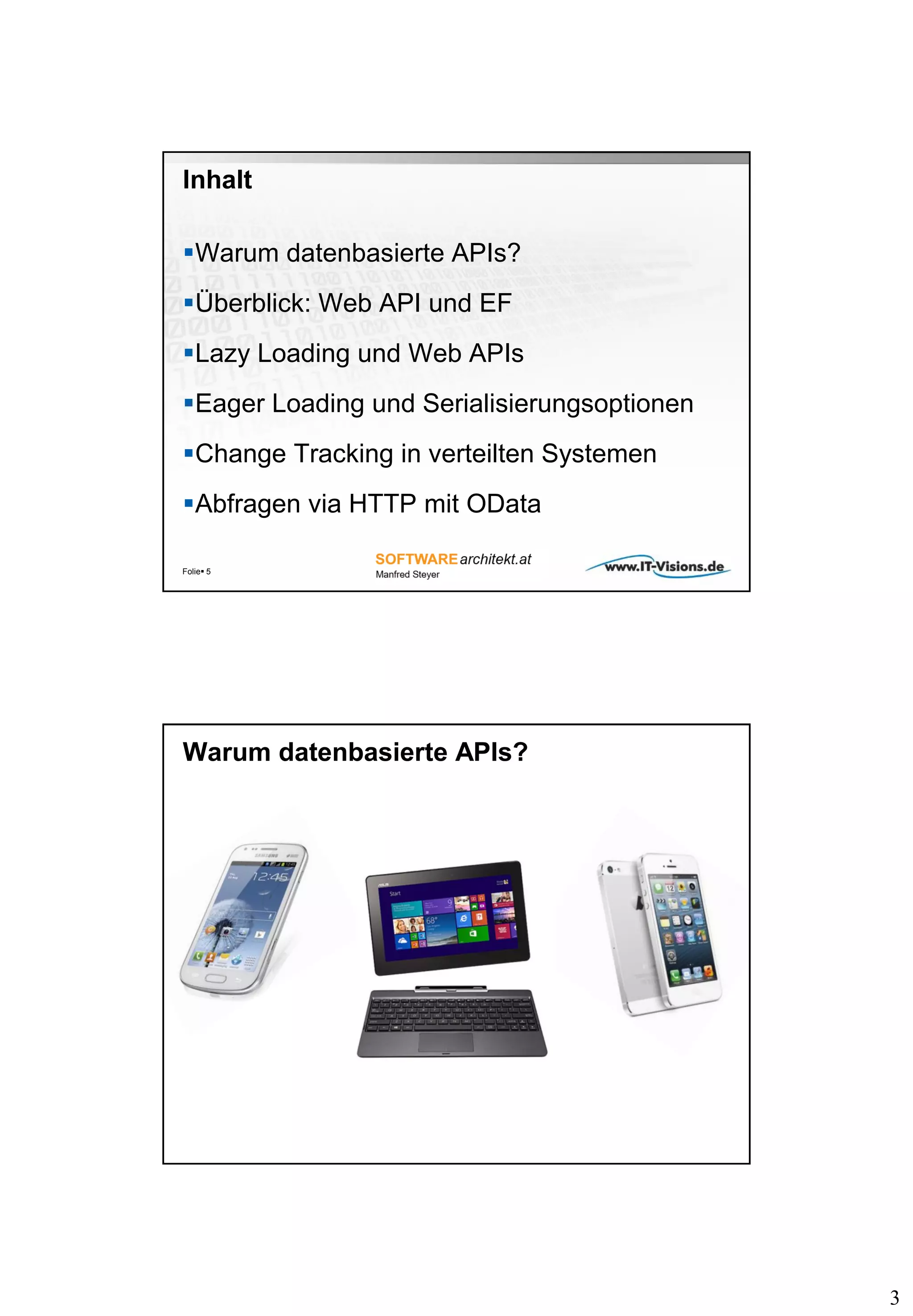 3
Inhalt
Warum datenbasierte APIs?
Überblick: Web API und EF
Lazy Loading und Web APIs
Eager Loading und Serialisierungsoptionen
Change Tracking in verteilten Systemen
Abfragen via HTTP mit OData
Folie 5
Warum datenbasierte APIs?
 