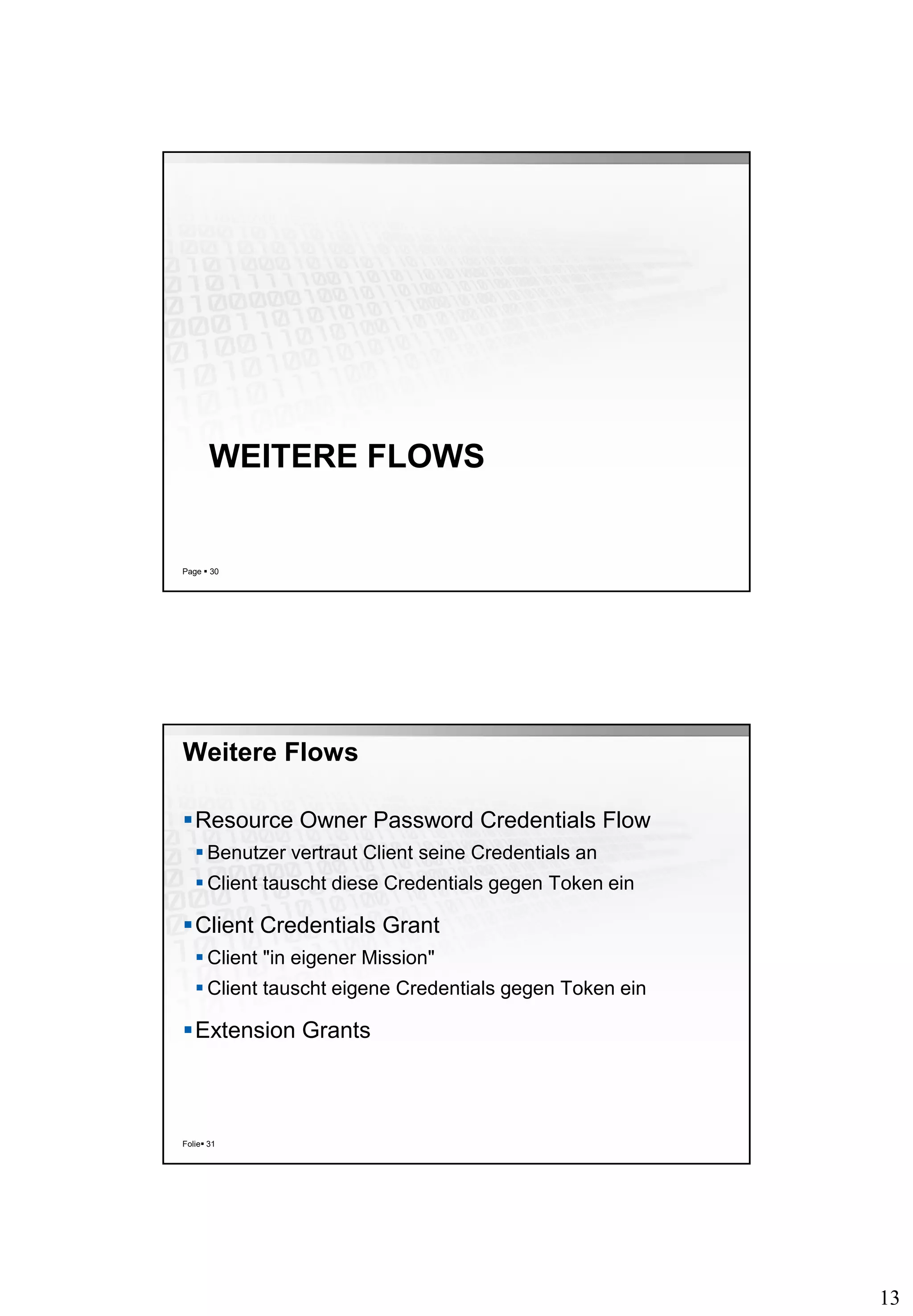 13
WEITERE FLOWS
Page  30
Weitere Flows
Resource Owner Password Credentials Flow
 Benutzer vertraut Client seine Credentials an
 Client tauscht diese Credentials gegen Token ein
Client Credentials Grant
 Client "in eigener Mission"
 Client tauscht eigene Credentials gegen Token ein
Extension Grants
Folie 31
 