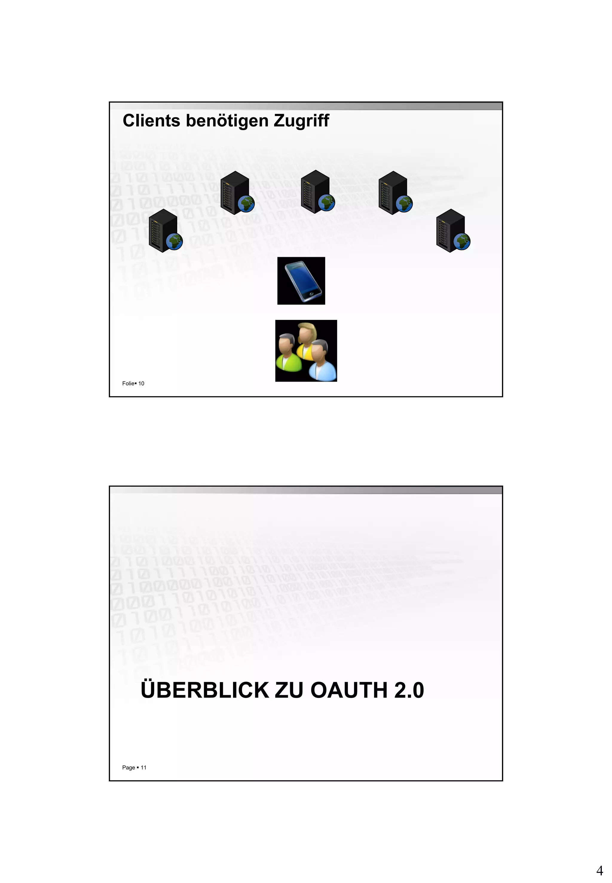 4
Clients benötigen Zugriff
Folie 10
ÜBERBLICK ZU OAUTH 2.0
Page  11
 