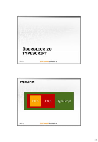 12
ÜBERBLICK ZU
TYPESCRIPT
Page  27
TypeScriptES 6
TypeScript
Page  28
ES 5
 