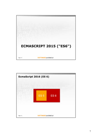 7
ECMASCRIPT 2015 ("ES6")
Page  13
ES 6
EcmaScript 2016 (ES 6)
Page  14
ES 5
 