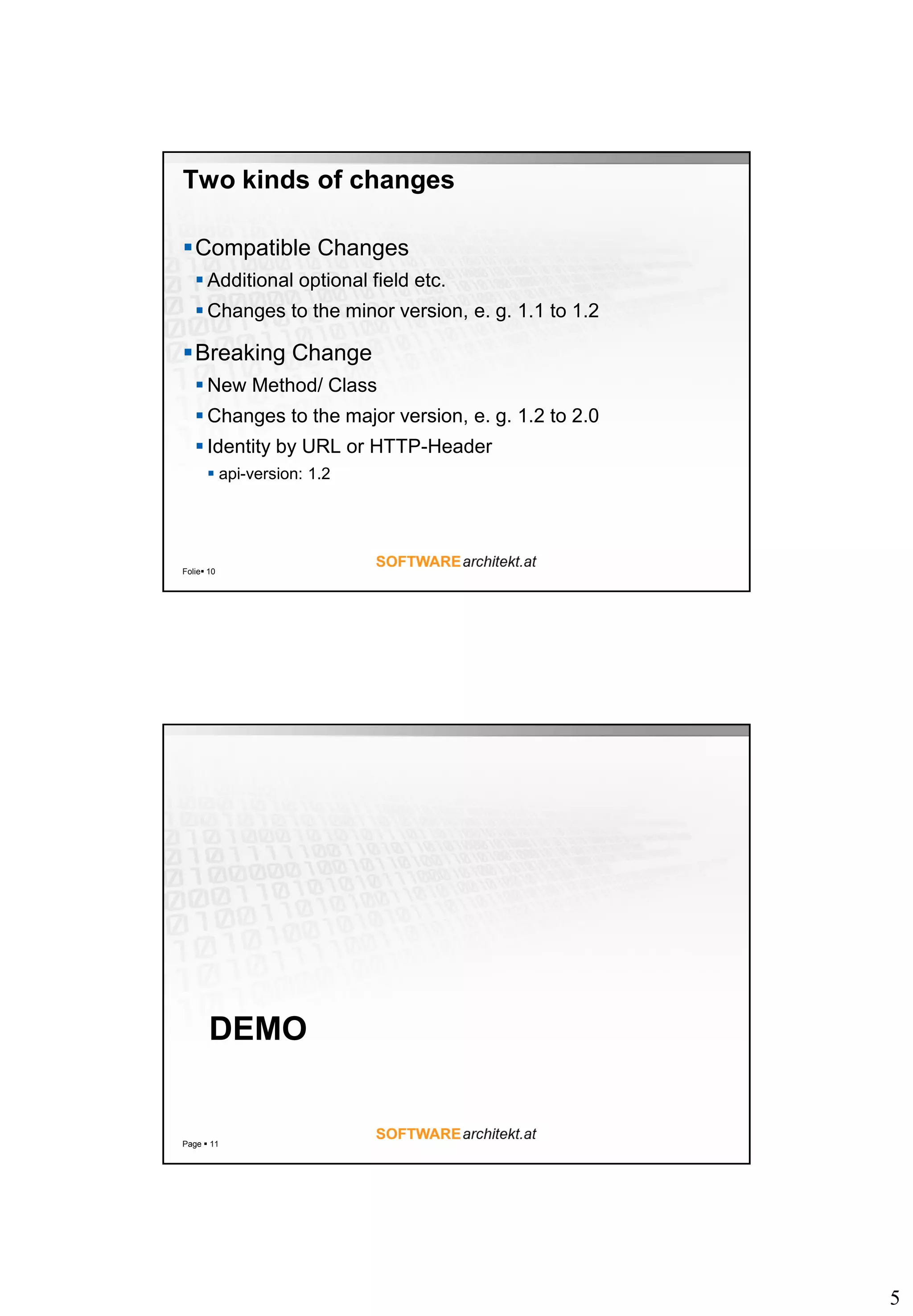 5
Two kinds of changes
Compatible Changes
 Additional optional field etc.
 Changes to the minor version, e. g. 1.1 to 1.2
Breaking Change
 New Method/ Class
 Changes to the major version, e. g. 1.2 to 2.0
 Identity by URL or HTTP-Header
 api-version: 1.2
Folie 10
DEMO
Page  11
 