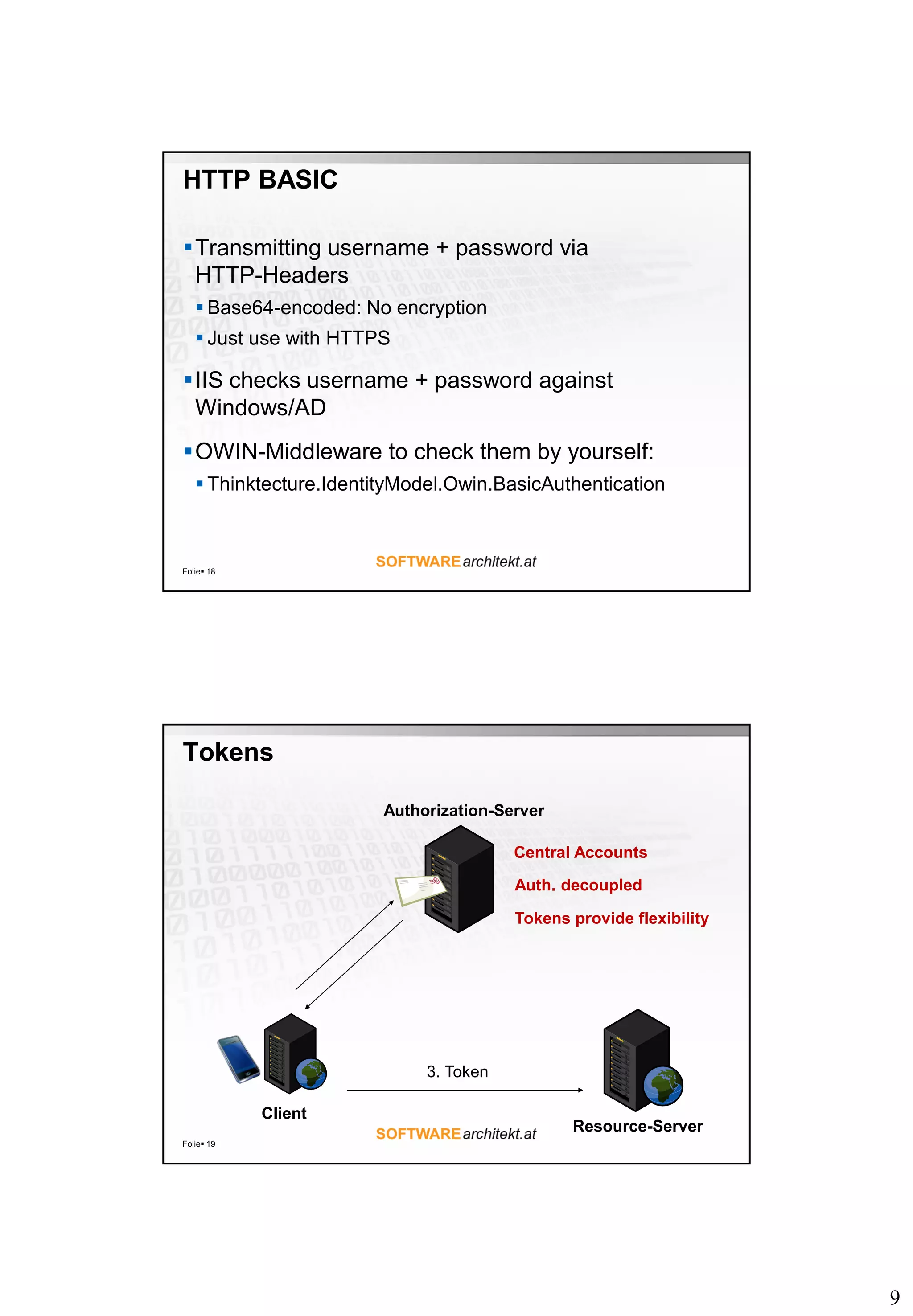 9
HTTP BASIC
Transmitting username + password via
HTTP-Headers
 Base64-encoded: No encryption
 Just use with HTTPS
IIS checks username + password against
Windows/AD
OWIN-Middleware to check them by yourself:
 Thinktecture.IdentityModel.Owin.BasicAuthentication
Folie 18
Tokens
Folie 19
Client
Authorization-Server
Resource-Server
3. Token
Central Accounts
Auth. decoupled
Tokens provide flexibility
 