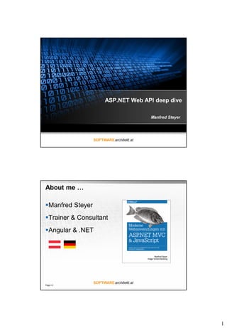 1
ASP.NET Web API deep dive
Manfred Steyer
About me …
Manfred Steyer
Trainer & Consultant
Angular & .NET
Page  2
 