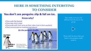 HERE IS SOMETHING INTERSTING
TO CONSIDER
Please click the above link and
listen to the penguin, totally
worth it.
Meet Eddie, he’s just a bit
different then the rest of the
group.
 