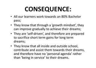 CONSEQUENCE:
• All	our	learners	work	towards	an	80%	Bachelor	
pass;
• They	know	that	through	a	’growth	mindset’,	they	
can	improve	gradually	to	achieve	their	dreams;
• They	are	’self-driven’,	and	therefore	are	prepared	
to	sacrifice	short	term	gains	for	long	term	
dreams;
• They	know	that	all	inside	and	outside	school,	
contribute	and	assist	them	towards	their	dreams,	
and	therefore	have	no	’personal	agenda’	rather	
than	’being	in	service’	to	their	dreams.
 