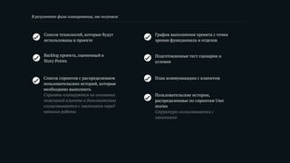 Список технологий, которые будут
использованы в проекте
Backlog проекта, оцененный в
Story Points
График выполнения проекта с точки
зрения функционала и отделов
Подготовленные тест сценарии и
условия
Список спринтов с распределением
пользовательских историй, которые
необходимо выполнить 
Спринты планируются на основании
пожеланий клиента и дополнительно
согласовываются с заказчиком перед
началом работы
Пользовательские истории,
распределенные по спринтам User
stories 
Структура согласовывается с
заказчиком
План коммуникации с клиентом
В результате фазы планирования, мы получаем:
 