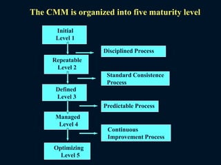 The CMM is organized into five maturity level
Initial
Level 1
Repeatable
Level 2
Defined
Level 3
Managed
Level 4
Optimizing
Level 5
Disciplined Process
Standard Consistence
Process
Predictable Process
Continuous
Improvement Process
 