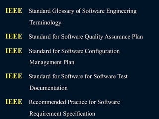 IEEE – Standard Glossary of Software Engineering
Terminology
IEEE – Standard for Software Quality Assurance Plan
IEEE – Standard for Software Configuration
Management Plan
IEEE – Standard for Software for Software Test
Documentation
IEEE – Recommended Practice for Software
Requirement Specification
 