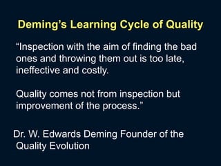 Deming’s Learning Cycle of Quality
“Inspection with the aim of finding the bad
ones and throwing them out is too late,
ineffective and costly.
Quality comes not from inspection but
improvement of the process.”
Dr. W. Edwards Deming Founder of the
Quality Evolution
 