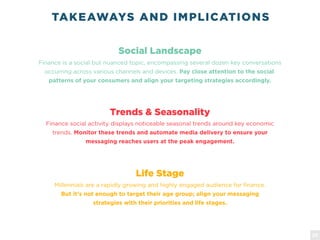 TAKEAWAYS AND IMPLICATIONS
Finance is a social but nuanced topic, encompassing several dozen key conversations
occurring across various channels and devices. Pay close attention to the social
patterns of your consumers and align your targeting strategies accordingly.
Social Landscape
Finance social activity displays noticeable seasonal trends around key economic
trends. Monitor these trends and automate media delivery to ensure your
messaging reaches users at the peak engagement.
Trends & Seasonality
Millennials are a rapidly growing and highly engaged audience for finance.
But it’s not enough to target their age group; align your messaging
strategies with their priorities and life stages.
Life Stage
22
 