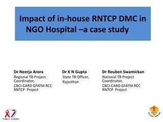 Impact of in-house RNTCP DMC in
    NGO Hospital –a case study



Dr Neerja Arora       Dr K N Gupta        Dr Reuben Swamickan
Regional TB Project   State TB Officer,   National TB Project
Coordinator,          Rajasthan           Coordinator,
CBCI-CARD GFATM RCC                       CBCI-CARD GFATM RCC
RNTCP Project                             RNTCP Project
 