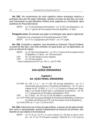 REGIMENTO INTERNO DO STF____________________________________________________________127
Art. 228¹. No cumprimento da carta rogatória cabem embargos relativos a
quaisquer atos que lhe sejam referentes, opostos no prazo de dez dias, por qual-
quer interessado ou pelo Ministério Público local, julgando-os o Presidente, após
audiência do Procurador-Geral.
RISTF:	 art. 13, IX (atribuição do Presidente) – art. 52, III (vista obrigatória) – art.
50, § 1º (prazos da Procuradoria-Geral da República: 15 dias).
Parágrafo único. Da decisão que julgar os embargos cabe agravo regimental.
1
Atualizado com a introdução da Emenda Regimental 2/1985.
RISTF:	 art. 6º, II, d (julgamento pelo Pleno) – art. 317 (AgR).
Art. 229. Cumprida a rogatória, será devolvida ao Supremo Tribunal Federal,
no prazo de dez dias, e por este remetida, em igual prazo, por via diplomática, ao
juízo ou tribunal de origem.
RISTF:	 art. 52, III (vista obrigatória) – art. 50, § 1º (prazo da Procuradoria-Geral
da República: 15 dias) – art. 340 (execução).
CPC:	 art. 212 (devolução ao juízo rogante).
CPP:	 art. 785 (devolução).
3
Atual competência do STJ: art. 105, I, i, da CF/1988.
Título IX
DAS AÇÕES ORIGINÁRIAS
Capítulo I
DA AÇÃO PENAL ORIGINÁRIA
CF/1988:	 art. 102, I, b e c – art. 5º, LIX (AP privada subsidiária) – art. 51, I
(autorização para processar o Presidente da República) – art. 53, com a
redação da EC 35/2001, § 1º, § 2º e § 3º (ciência à Câmara dos Depu-
tados e ao Senado Federal após o recebimento da denúncia) – art. 86,
§ 1º, I (julgamento do Presidente da República: STF).
CPP:	 art. 5º (Inq) – art. 24 a art. 62 (da AP pública e condicionada).
Lei 1.079/1950 (crime de responsabilidade do Presidente da República, de Ministro
de Estado, de Ministro do STF e do Procurador-Geral da República).
Lei 8.038/1990: art. 1º a art. 12 (AP no STF).
Art. 230. A denúncia nos crimes de ação pública, a queixa nos de ação privada,
bem como a representação, quando indispensável ao exercício da primeira, obe-
decerão ao que dispõe a lei processual.
RISTF:	 art. 55, II, art. 56, IV e V, in fine (classe), X e XI (não se altera a clas-
se) – art. 57, art. 59, II (sujeito a preparo: Tabela B, II, e C de custas no
 