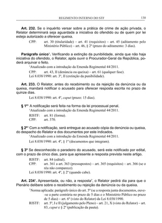 REGIMENTO INTERNO DO STF____________________________________________________________130
Art. 232. Se o inquérito versar sobre a prática de crime de ação privada, o
Relator determinará seja aguardada a iniciativa do ofendido ou de quem por lei
esteja autorizado a oferecer queixa.
CPP:	 art. 30 (titularidade) – art. 41 (requisitos) – art. 45 (aditamento pelo
Ministério Público) – art. 46, § 2º (prazo do aditamento: 3 dias).
Parágrafo único¹. Verificando a extinção da punibilidade, ainda que não haja
iniciativa do ofendido, o Relator, após ouvir o Procurador-Geral da República, po-
derá arquivar o feito.
	 1
Atualizado com a introdução da Emenda Regimental 44/2011.
CPP:	 art. 43, II (denúncia ou queixa) – art. 61 (qualquer fase).
Lei 8.038/1990: art. 3º, II (extinção da punibilidade).
Art. 233. O Relator, antes do recebimento ou da rejeição da denúncia ou da
queixa, mandará notificar o acusado para oferecer resposta escrita no prazo de
quinze dias.
Lei 8.038/1990: art. 4º, caput (prazo: 15 dias).
§ 1º¹ A notificação será feita na forma da lei processual penal.
	 1
Atualizado com a introdução da Emenda Regimental 44/2011.
RISTF:	 art. 81 (forma).
CPP:	 art. 370.
§ 2º¹ Com a notificação, será entregue ao acusado cópia da denúncia ou queixa,
do despacho do Relator e dos documentos por este indicados.
	 1
Atualizado com a introdução da Emenda Regimental 44/2011.
Lei 8.038/1990: art. 4º, § 1º (documentos que integram).
§ 3º Se desconhecido o paradeiro do acusado, será este notificado por edital,
com o prazo de cinco dias, para que apresente a resposta prevista neste artigo.
RISTF:	 art. 84 (edital).
CPP:	 art. 361 a art. 363 (pressupostos) – art. 365 (requisitos) – art. 366 (se o
réu não comparece).
Lei 8.038/1990: art. 4º, § 2º (quando cabe).
Art. 234¹. Apresentada, ou não, a resposta7
, o Relator pedirá dia para que o
Plenário delibere sobre o recebimento ou rejeição da denúncia ou da queixa.
7
Norma aplicada: parágrafo único do art. 5º (se a resposta junta documentos, ouve-
-se a parte contrária no prazo de 5 dias e o Ministério Público no prazo
de 5 dias) – art. 6º (visto do Relator) da Lei 8.038/1990.
RISTF:	 art. 5º, I e II (julgamento pelo Pleno) – art. 21, X (visto do Relator) – art.
83, caput e § 2º (publicação da pauta).
 