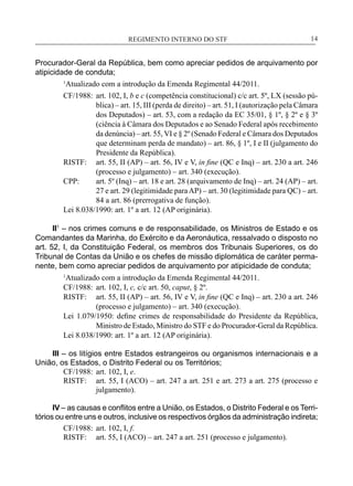 REGIMENTO INTERNO DO STF____________________________________________________________14
Procurador-Geral da República, bem como apreciar pedidos de arquivamento por
atipicidade de conduta;
1
Atualizado com a introdução da Emenda Regimental 44/2011.
CF/1988:	 art. 102, I, b e c (competência constitucional) c/c art. 5º, LX (sessão pú-
blica) – art. 15, III (perda de direito) – art. 51, I (autorização pela Câmara
dos Deputados) – art. 53, com a redação da EC 35/01, § 1º, § 2º e § 3º
(ciência à Câmara dos Deputados e ao Senado Federal após recebimento
da denúncia) – art. 55, VI e § 2º (Senado Federal e Câmara dos Deputados
que determinam perda de mandato) – art. 86, § 1º, I e II (julgamento do
Presidente da República).
RISTF:	 art. 55, II (AP) – art. 56, IV e V, in fine (QC e Inq) – art. 230 a art. 246
(processo e julgamento) – art. 340 (execução).
CPP:	 art. 5º (Inq) – art. 18 e art. 28 (arquivamento de Inq) – art. 24 (AP) – art.
27 e art. 29 (legitimidade paraAP) – art. 30 (legitimidade para QC) – art.
84 a art. 86 (prerrogativa de função).
Lei 8.038/1990: art. 1º a art. 12 (AP originária).
II1
– nos crimes comuns e de responsabilidade, os Ministros de Estado e os
Comandantes da Marinha, do Exército e da Aeronáutica, ressalvado o disposto no
art. 52, I, da Constituição Federal, os membros dos Tribunais Superiores, os do
Tribunal de Contas da União e os chefes de missão diplomática de caráter perma-
nente, bem como apreciar pedidos de arquivamento por atipicidade de conduta;
1
Atualizado com a introdução da Emenda Regimental 44/2011.
CF/1988:	 art. 102, I, c, c/c art. 50, caput, § 2º.
RISTF:	 art. 55, II (AP) – art. 56, IV e V, in fine (QC e Inq) – art. 230 a art. 246
(processo e julgamento) – art. 340 (execução).
Lei 1.079/1950: define crimes de responsabilidade do Presidente da República,
Ministro de Estado, Ministro do STF e do Procurador-Geral da República.
Lei 8.038/1990: art. 1º a art. 12 (AP originária).
III – os litígios entre Estados estrangeiros ou organismos internacionais e a
União, os Estados, o Distrito Federal ou os Territórios;
CF/1988:	 art. 102, I, e.
RISTF:	 art. 55, I (ACO) – art. 247 a art. 251 e art. 273 a art. 275 (processo e
julgamento).
IV – as causas e conflitos entre a União, os Estados, o Distrito Federal e os Terri-
tórios ou entre uns e outros, inclusive os respectivos órgãos da administração indireta;
CF/1988:	 art. 102, I, f.
RISTF:	 art. 55, I (ACO) – art. 247 a art. 251 (processo e julgamento).
 