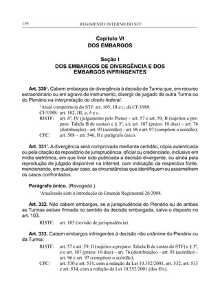 REGIMENTO INTERNO DO STF____________________________________________________________159
Capítulo VI
DOS EMBARGOS
Seção I
DOS EMBARGOS DE DIVERGÊNCIA E DOS
EMBARGOS INFRINGENTES
Art. 3303
. Cabem embargos de divergência à decisão de Turma que, em recurso
extraordinário ou em agravo de instrumento, divergir de julgado de outra Turma ou
do Plenário na interpretação do direito federal.
3
Atual competência do STJ: art. 105, III e c, da CF/1988.
CF/1988:	 art. 102, III, a, b e c.
RISTF:	 art. 6º, IV (julgamento pelo Pleno) – art. 57 e art. 59, II (sujeitos a pre-
paro: Tabela B de custas) e § 3º, c/c art. 107 (prazo: 10 dias) – art. 76
(distribuição) – art. 93 (acórdão) – art. 96 e art. 97 (compõem o acórdão).
CPC:	 art. 508 – art. 546, II e parágrafo único.
Art. 3311
. A divergência será comprovada mediante certidão, cópia autenticada
ou pela citação do repositório de jurisprudência, oficial ou credenciado, inclusive em
mídia eletrônica, em que tiver sido publicada a decisão divergente, ou ainda pela
reprodução de julgado disponível na internet, com indicação da respectiva fonte,
mencionando, em qualquer caso, as circunstâncias que identifiquem ou assemelhem
os casos confrontados.
Parágrafo único. (Revogado.)
1
Atualizado com a introdução da Emenda Regimental 26/2008.
Art. 332. Não cabem embargos, se a jurisprudência do Plenário ou de ambas
as Turmas estiver firmada no sentido da decisão embargada, salvo o disposto no
art. 103.
RISTF:	 art. 103 (revisão de jurisprudência).
Art. 333. Cabem embargos infringentes à decisão não unânime do Plenário ou
da Turma:
RISTF:	 art. 57 e art. 59, II (sujeitos a preparo: Tabela B de custas do STF) e § 3º,
c/c art. 107 (prazo: 10 dias) – art. 76 (distribuição) – art. 93 (acórdão) –
art. 96 e art. 97 (compõem o acórdão).
CPC:	 art. 530 e art. 531, com a redação da Lei 10.352/2001, art. 532, art. 533
e art. 534, com a redação da Lei 10.352/2001 (dos EIs).
 