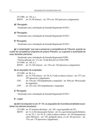 REGIMENTO INTERNO DO STF____________________________________________________________17
CF/1988:	 art. 102, I, j.
RISTF:	 art. 55, III (classe) – art. 259 a art. 262 (processo e julgamento).
d)1
Revogado;
1
Atualizado com a introdução da Emenda Regimental 45/2011.
e)1
Revogado;
1
Atualizado com a introdução da Emenda Regimental 45/2011.
f)1
Revogado;
1
Atualizado com a introdução da Emenda Regimental 45/2011.
g)1
a reclamação7
que vise a preservar a competência do Tribunal, quando se
cuidar de competência originária do próprio Plenário, ou a garantir a autoridade de
suas decisões plenárias;
1
Atualizado com a introdução da Emenda Regimental 9/2001.
7
Norma aplicada: art. 13 a art. 18 (da Rcl) da Lei 8.038/1990.
CF/1988:	 art. 102, I, l.
RISTF:	 art. 55, XX (classe) – art. 156 a art. 162 (processo e julgamento).
h) as arguições de suspeição;
CF/1988:	 art. 96, I, a.
RISTF:	 art. 55, VII (classe) – art. 56, X, b (não se altera a classe) – art. 277 a art.
287 (processo e julgamento).
CPC:	 art. 134 a art. 138 (impedimento e suspeição) – art. 304 a art. 306 (exceção
de suspeição).
CPP:	 art. 252 a art. 256 (impedimento e suspeição).
i)1
Revogado.
1
Atualizado com a introdução da Emenda Regimental 45/2011.
II – julgar:
a) além do disposto no art. 5º, VII, as arguições de inconstitucionalidade susci-
tadas nos demais processos;
CF/1988:	 art. 97 (maioria absoluta) – art. 102, caput (guardião da CF).
RISTF:	 art. 11, I e II (remessa pela Turma) – art. 22, caput (remessa pelo Relator),
c/c art. 52, I – art. 56, X, c (não se altera a classe) – art. 103 (proposta por
outro Ministro) – art. 143, parágrafo único, c/c art. 40 (quorum) – art.
176 e art. 178 (processo e julgamento).
 