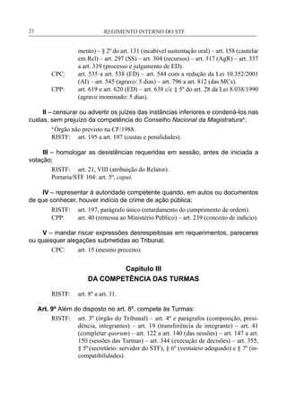 REGIMENTO INTERNO DO STF____________________________________________________________21
mento) – § 2º do art. 131 (incabível sustentação oral) – art. 158 (cautelar
em Rcl) – art. 297 (SS) – art. 304 (recursos) – art. 317 (AgR) – art. 337
a art. 339 (processo e julgamento de ED).
CPC:	 art. 535 a art. 538 (ED) – art. 544 com a redação da Lei 10.352/2001
(AI) – art. 545 (agravo: 5 dias) – art. 796 a art. 812 (das MCs).
CPP:	 art. 619 e art. 620 (ED) – art. 638 c/c § 5º do art. 28 da Lei 8.038/1990
(agravo inominado: 5 dias).
II – censurar ou advertir os juízes das instâncias inferiores e condená-los nas
custas, sem prejuízo da competência do Conselho Nacional da Magistratura4
;
4
Órgão não previsto na CF/1988.
RISTF:	 art. 195 a art. 197 (custas e penalidades).
III – homologar as desistências requeridas em sessão, antes de iniciada a
votação;
RISTF:	 art. 21, VIII (atribuição do Relator).
Portaria/STF 104: art. 5º, caput.
IV – representar à autoridade competente quando, em autos ou documentos
de que conhecer, houver indício de crime de ação pública;
RISTF:	 art. 197, parágrafo único (retardamento do cumprimento de ordem).
CPP:	 art. 40 (remessa ao Ministério Público) – art. 239 (conceito de indício).
V – mandar riscar expressões desrespeitosas em requerimentos, pareceres
ou quaisquer alegações submetidas ao Tribunal.
CPC:	 art. 15 (mesmo preceito).
Capítulo III
DA COMPETÊNCIA DAS TURMAS
RISTF:	 art. 8º a art. 11.
Art. 9º Além do disposto no art. 8º, compete às Turmas:
RISTF:	 art. 3º (órgão do Tribunal) – art. 4º e parágrafos (composição, presi-
dência, integrantes) – art. 19 (transferência de integrante) – art. 41
(completar quorum) – art. 122 a art. 140 (das sessões) – art. 147 a art.
150 (sessões das Turmas) – art. 344 (execução de decisões) – art. 355,
§ 5º (secretário: servidor do STF), § 6º (vestuário adequado) e § 7º (in-
compatibilidades).
 