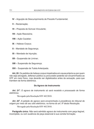 REGIMENTO INTERNO DO STF____________________________________________________________311
IV – Arguição de Descumprimento de Preceito Fundamental;
V – Reclamação;
VI – Proposta de Súmula Vinculante;
VII – Ação Rescisória;
VIII – Ação Cautelar;
IX – Habeas Corpus;
X – Mandado de Segurança;
XI – Mandado de Injunção;
XII – Suspensão de Liminar;
XIII – Suspensão de Segurança;
XIV – Suspensão de Tutela Antecipada.
Art. 20. Os pedidos de habeas corpus impetrados em causa própria ou por quem
não seja advogado, defensor público ou procurador poderão ser encaminhados ao
STF em meio físico, mas deverão ser digitalizados antes da autuação, para que
tramitem de forma eletrônica.
Do Agravo de Instrumento
Art. 21¹. O agravo de instrumento só será recebido e processado de forma
eletrônica.
	 1
Revogado pela Resolução/STF 442/2010.
Art. 22¹. A petição de agravo será encaminhada à presidência do tribunal de
origem por meio de seu sítio eletrônico, na forma do art. 9º desta Resolução.
	 1
Revogado pela Resolução/STF 442/2010.
Parágrafo único. Não será admitido agravo de instrumento com peça ilegível,
incompleta, ou com ausência de peça essencial à sua correta formação.
 