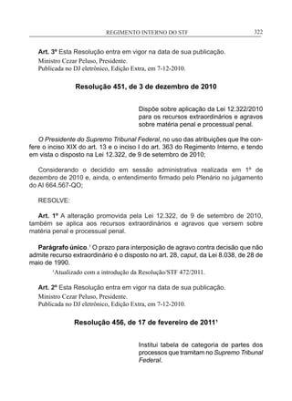 REGIMENTO INTERNO DO STF____________________________________________________________322
Art. 3º Esta Resolução entra em vigor na data de sua publicação.
Ministro Cezar Peluso, Presidente.
Publicada no DJ eletrônico, Edição Extra, em 7-12-2010.
Resolução 451, de 3 de dezembro de 2010
Dispõe sobre aplicação da Lei 12.322/2010
para os recursos extraordinários e agravos
sobre matéria penal e processual penal.
O Presidente do Supremo Tribunal Federal, no uso das atribuições que lhe con-
fere o inciso XIX do art. 13 e o inciso I do art. 363 do Regimento Interno, e tendo
em vista o disposto na Lei 12.322, de 9 de setembro de 2010;
Considerando o decidido em sessão administrativa realizada em 1º de
dezembro de 2010 e, ainda, o entendimento firmado pelo Plenário no julgamento
do AI 664.567-QO;
RESOLVE:
Art. 1º A alteração promovida pela Lei 12.322, de 9 de setembro de 2010,
também se aplica aos recursos extraordinários e agravos que versem sobre
matéria penal e processual penal.
Parágrafo único.1
O prazo para interposição de agravo contra decisão que não
admite recurso extraordinário é o disposto no art. 28, caput, da Lei 8.038, de 28 de
maio de 1990.
1
Atualizado com a introdução da Resolução/STF 472/2011.
Art. 2º Esta Resolução entra em vigor na data de sua publicação.
Ministro Cezar Peluso, Presidente.
Publicada no DJ eletrônico, Edição Extra, em 7-12-2010.
Resolução 456, de 17 de fevereiro de 2011¹
Institui tabela de categoria de partes dos
processos que tramitam no Supremo Tribunal
Federal.
 