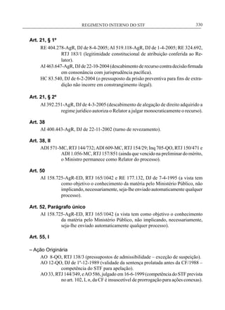 REGIMENTO INTERNO DO STF____________________________________________________________330
Art. 21, § 1º
RE 404.278-AgR, DJ de 8-4-2005;AI 519.118-AgR, DJ de 1-4-2005; RE 324.692,
RTJ 183/1 (legitimidade constitucional de atribuição conferida ao Re-
lator).
AI 463.647-AgR, DJ de 22-10-2004 (descabimento de recurso contra decisão firmada
em consonância com jurisprudência pacífica).
HC 83.540, DJ de 6-2-2004 (o pressuposto da prisão preventiva para fins de extra-
dição não incorre em constrangimento ilegal).
Art. 21, § 2º
AI 392.251-AgR, DJ de 4-3-2005 (descabimento de alegação de direito adquirido a
regime jurídico autoriza o Relator a julgar monocraticamente o recurso).
Art. 38
AI 400.443-AgR, DJ de 22-11-2002 (turno de revezamento).
Art. 38, II
ADI 571-MC, RTJ 144/732;ADI 609-MC, RTJ 154/29; Inq 705-QO, RTJ 150/471 e
ADI 1.056-MC, RTJ 157/851 (ainda que vencido na preliminar do mérito,
o Ministro permanece como Relator do processo).
Art. 50
AI 158.725-AgR-ED, RTJ 165/1042 e RE 177.132, DJ de 7-4-1995 (a vista tem
como objetivo o conhecimento da matéria pelo Ministério Público, não
implicando, necessariamente, seja-lhe enviado automaticamente qualquer
processo).
Art. 52, Parágrafo único
AI 158.725-AgR-ED, RTJ 165/1042 (a vista tem como objetivo o conhecimento
da matéria pelo Ministério Público, não implicando, necessariamente,
seja-lhe enviado automaticamente qualquer processo).
Art. 55, I
– Ação Originária
AO 8-QO, RTJ 138/3 (pressupostos de admissibilidade – exceção de suspeição).
AO 12-QO, DJ de 1º-12-1989 (validade da sentença prolatada antes da CF/1988 –
competência do STF para apelação).
AO 33, RTJ 144/349, eAO 586, julgado em 16-6-1999 (competência do STF prevista
no art. 102, I, n, da CF é insuscetível de prorrogação para ações conexas).
 