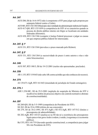 REGIMENTO INTERNO DO STF____________________________________________________________347
Art. 247
ACO 200, DJ de 14-4-1972 (não é competente o STF para julgar ação proposta por
autarquia federal contra a União).
ACO401,RTJ136/1365(MunicípionãoéentidadedaadministraçãoindiretadoEstado).
ACO 417-QO, RTJ 133/1059 (a competência do STF só se caracteriza quando as
pessoas de direito público interno em litígio se localizam em unidades
federadas diferentes).
ACO 430, RTJ 136/1366 (compete à Justiça Federal processar e julgar as causas
em que empresa pública federal for interessada).
Art. 247, § 1º
ACO 331, RTJ 136/1364 (prevalece o prazo marcado pelo Relator).
Art. 247, § 2º
ACO 331, RTJ 136/1364 (a sucessividade do prazo é entre autores e réus e não
entre litisconsortes).
Art. 249
ACO 307, RTJ 180/3, DJ de 19-12-2001 (razões não apresentadas: preclusão).
Art. 259
AR 1.155, RTJ 119/643 (não cabeAR contra acórdão que não conheceu do recurso).
Art. 275
AI 139.671-AgR, RTJ 161/643 (imunidade de jurisdição de Estado estrangeiro).
Art. 278, I
ADI 1.354-MC, DJ de 25-5-2001 (argüição de suspeição de Ministro do STF é
incabível no âmbito do processo objetivo de controle normativo abstrato
de constitucionalidade).
Art. 297
SS 260-QO, DJ de 5-5-1989 (competência do Presidente do STF).
SS 265, DJ de 22-6-1990 (efeitos de sua concessão).
SS 279, DJ de 18-2-1991; SS 471-AgR e SS 472-AgR, RTJ 147/512 (limites e
pressupostos de admissibilidade).
SS 282-AgR, RTJ 143/23 (analisa-se na SS tão-só a ocorrência dos pressupostos
legais para evitar grave lesão à ordem, à saúde, à segurança e à economia
pública).
Rcl 353, RTJ 141/719 (havendo questão constitucional, a competência para julgar
SS é do Presidente do STF).
 