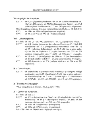 REGIMENTO INTERNO DO STF____________________________________________________________54
VII – Arguição de Suspeição;
RISTF:	 art. 6º, I, h (julgamento pelo Pleno) – art. 13, XV(Relator: Presidente) – art.
14 c/c art. 278, caput, e art. 73 (Vice-Presidente será Relator) – art. 37, I
(substituição do Presidente) – art. 277 a art. 287 (processo e julgamento).
Obs.: Exceção de suspeição de juiz de outra instância: art. 56, X, b, e XI, do RISTF.
CPC:	 art. 134 a art. 136 (dos impedimentos e suspeição).
CPP:	 art. 95, I, art. 96 e art. 99 a art. 106 (da suspeição).
VIII – Carta Rogatória;
CF/1988:	 art. 102, I, h – art. 109, X (execução) – art. 13, caput (idioma oficial).
RISTF:	 art. 6º, I, i, in fine (julgamento dos embargos: Pleno) – art. 8º, I (AgR, ED
e incidentes) – art. 13, IX (competência do Presidente do STF) – art. 14 e
art. 37, I (substituto do Presidente) – art. 56, X e XI (não se altera a clas-
se) – art. 71 e art. 72 (Relator: ED, AgR e cautelares) – art. 225 a art. 229
(processo e julgamento) – art. 317 (AgR) – art. 340 a art. 344 (execução).
CPC:	 art. 151 a art. 153 (do intérprete) – art. 156 e art. 157 (uso do vernáculo) –
art. 211 (CR obedece ao RISTF) – art. 212 (cumprimento e devolução).
CPP:	 art. 193 (intérprete) – art. 236 (tradutor público) – art. 784 a art. 786
(requisitos).
IX – Comunicação;
RISTF:	 art. 21 (Relator), III (submete: Pleno ou Turma) e § 1º (arquiva ou nega
seguimento) – art. 56, IX (classificação), X e XI (não se altera a classe) –
art. 66 (distribuição) – art. 71 e art. 72 (Relator: AgR – ED e incidentes) –
art. 317 (AgR) – art. 337 a art. 339 (ED) – art. 340 a art. 344 (execução).
X – Conflito de Atribuições3
;
3
Atual competência do STJ: art. 105, I, g, da CF/1988.
XI – Conflito de Jurisdição;
CF/1988:	 art. 102, I, o.
RISTF:	 art. 6º, I, d (julgamento pelo Pleno) – art. 66 (distribuição) – art. 68 (re-
distribuição) – art. 83, § 1º, III (independe de pauta) – art. 163 a art. 168
(processo e julgamento) – art. 340 a art. 344 (execução).
CPC:	 art. 115 a art. 122 (processo e pressupostos).
CPP:	 art. 113 a art. 117 (processo e pressupostos).
Lei 8.038/1990: art. 24 (aplica-se a legislação em vigor).
 