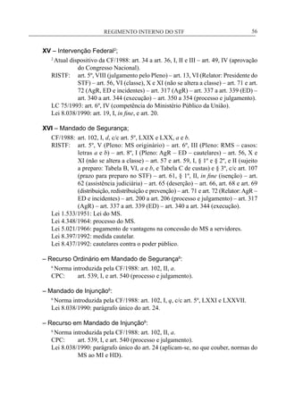 REGIMENTO INTERNO DO STF____________________________________________________________56
XV – Intervenção Federal2
;
2
Atual dispositivo da CF/1988: art. 34 a art. 36, I, II e III – art. 49, IV (aprovação
do Congresso Nacional).
RISTF:	 art. 5º, VIII (julgamento pelo Pleno) – art. 13, VI (Relator: Presidente do
STF) – art. 56, VI (classe), X e XI (não se altera a classe) – art. 71 e art.
72 (AgR, ED e incidentes) – art. 317 (AgR) – art. 337 a art. 339 (ED) –
art. 340 a art. 344 (execução) – art. 350 a 354 (processo e julgamento).
LC 75/1993: art. 6º, IV (competência do Ministério Público da União).
Lei 8.038/1990: art. 19, I, in fine, e art. 20.
XVI – Mandado de Segurança;
CF/1988:	 art. 102, I, d, c/c art. 5º, LXIX e LXX, a e b.
RISTF:	 art. 5º, V (Pleno: MS originário) – art. 6º, III (Pleno: RMS – casos:
letras a e b) – art. 8º, I (Pleno: AgR – ED – cautelares) – art. 56, X e
XI (não se altera a classe) – art. 57 e art. 59, I, § 1º e § 2º, e II (sujeito
a preparo: Tabela B, VI, a e b, e Tabela C de custas) e § 3º, c/c art. 107
(prazo para preparo no STF) – art. 61, § 1º, II, in fine (isenção) – art.
62 (assistência judiciária) – art. 65 (deserção) – art. 66, art. 68 e art. 69
(distribuição, redistribuição e prevenção) – art. 71 e art. 72 (Relator:AgR –
ED e incidentes) – art. 200 a art. 206 (processo e julgamento) – art. 317
(AgR) – art. 337 a art. 339 (ED) – art. 340 a art. 344 (execução).
Lei 1.533/1951: Lei do MS.
Lei 4.348/1964: processo do MS.
Lei 5.021/1966: pagamento de vantagens na concessão do MS a servidores.
Lei 8.397/1992: medida cautelar.
Lei 8.437/1992: cautelares contra o poder público.
– Recurso Ordinário em Mandado de Segurança6
:
6
Norma introduzida pela CF/1988: art. 102, II, a.
CPC:	 art. 539, I, e art. 540 (processo e julgamento).
– Mandado de Injunção6
:
6
Norma introduzida pela CF/1988: art. 102, I, q, c/c art. 5º, LXXI e LXXVII.
Lei 8.038/1990: parágrafo único do art. 24.
– Recurso em Mandado de Injunção6
:
6
Norma introduzida pela CF/1988: art. 102, II, a.
CPC:	 art. 539, I, e art. 540 (processo e julgamento).
Lei 8.038/1990: parágrafo único do art. 24 (aplicam-se, no que couber, normas do
MS ao MI e HD).
 