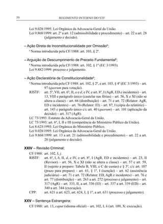 REGIMENTO INTERNO DO STF____________________________________________________________59
Lei 9.028/1995: Lei Orgânica da Advocacia-Geral da União.
Lei 9.868/1999: art. 2º a art. 12 (admissibilidade e procedimento) – art. 22 a art. 28
(julgamento e decisão).
– Ação Direta de Inconstitucionalidade por Omissão6
;
6
Norma introduzida pela CF/1988: art. 103, § 2º.
– Arguição de Descumprimento de Preceito Fundamental6
;
6
Norma introduzida pela CF/1988: art. 102, § 1º (EC 3/1993).
Lei 9.882/1999: processo e julgamento.
– Ação Declaratória de Constitucionalidade6
;
6
Norma introduzida pela CF/1988: art. 102, § 2º, e art. 103, § 4º (EC 3/1993) – art.
97 (quorum para votação).
RISTF:	 art. 5º, VII, art. 6º, II, a e d, e IV, e art. 8º, I (AgR, ED e incidentes) – art.
13, VIII e parágrafo único (cautelar nas férias) – art. 56, X e XI (não se
altera a classe) – art. 66 (distribuição) – art. 71 e art. 72 (Relator: AgR,
ED e incidentes) – art. 76 (Relator: EI) – art. 87, I (cópia do relatório) –
art. 143 e parágrafo único c/c art. 40 (quorum) – art. 101 (aplicação da
decisão) – art. 317 (AgR).
LC 73/1993: Estatuto da Advocacia-Geral da União.
LC 75/1993: art. 6º, I, II e III (competência do Ministério Público da União).
Lei 8.625/1993: Lei Orgânica do Ministério Público.
Lei 9.028/1995: Lei Orgânica da Advocacia-Geral da União.
Lei 9.868/1999: art. 13 a art. 21 (admissibilidade e procedimento) – art. 22 a art.
28 (julgamento e decisão).
XXIV – Revisão Criminal;
CF/1988:	 art. 102, I, j.
RISTF:	 art. 6º, I, b, II, d, e IV, e art. 8º, I (AgR, ED e incidentes) – art. 23, II
(Revisor) – art. 56, X e XI (não se altera a classe) – art. 57 e art. 59,
II (sujeito a preparo: Tabela B, VIII, e C de custas) e § 3º, c/c art. 107
(prazo para preparo) – art. 61, § 1º, I (isenção) – art. 62 (assistência
judiciária) – art. 71 e art. 72 (Relator: ED, AgR e incidentes) – art. 76 e
art. 77 (distribuição) – art. 263 a art. 272 (processo e julgamento) – art.
317 (AgR) – art. 333, II, a art. 336 (EI) – art. 337 a art. 339 (ED) – art.
340 a art. 344 (execução).
CPP:	 art. 621 a art. 623, art. 624, I, § 1º, a art. 631 (processo e julgamento).
XXV – Sentença Estrangeira;
CF/1988:	 art. 13, caput (idioma oficial) – art, 102, I, h (art. 109, X: execução).
 