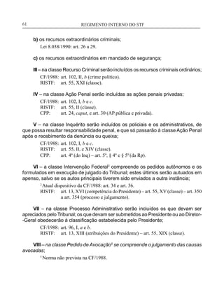REGIMENTO INTERNO DO STF____________________________________________________________61
b) os recursos extraordinários criminais;
Lei 8.038/1990: art. 26 a 29.
c) os recursos extraordinários em mandado de segurança;
III – na classe Recurso Criminal serão incluídos os recursos criminais ordinários;
CF/1988:	 art. 102, II, b (crime político).
RISTF:	 art. 55, XXI (classe).
IV – na classe Ação Penal serão incluídas as ações penais privadas;
CF/1988:	 art. 102, I, b e c.
RISTF:	 art. 55, II (classe).
CPP:	 art. 24, caput, e art. 30 (AP pública e privada).
V – na classe Inquérito serão incluídos os policiais e os administrativos, de
que possa resultar responsabilidade penal, e que só passarão à classe Ação Penal
após o recebimento da denúncia ou queixa;
CF/1988:	 art. 102, I, b e c.
RISTF:	 art. 55, II, e XIV (classe).
CPP:	 art. 4º (do Inq) – art. 5º, § 4º e § 5º(da Rp).
VI – a classe Intervenção Federal2
compreende os pedidos autônomos e os
formulados em execução de julgado do Tribunal; estes últimos serão autuados em
apenso, salvo se os autos principais tiverem sido enviados a outra instância;
2
Atual dispositivo da CF/1988: art. 34 e art. 36.
RISTF:	 art. 13, XVI (competência do Presidente) – art. 55, XV (classe) – art. 350
a art. 354 (processo e julgamento).
VII – na classe Processo Administrativo serão incluídos os que devam ser
apreciados pelo Tribunal; os que devam ser submetidos ao Presidente ou ao Diretor-
-Geral obedecerão à classificação estabelecida pelo Presidente;
CF/1988:	 art. 96, I, a e b.
RISTF:	 art. 13, XIII (atribuições do Presidente) – art. 55, XIX (classe).
VIII – na classe Pedido de Avocação5
se compreende o julgamento das causas
avocadas;
5
Norma não prevista na CF/1988.
 