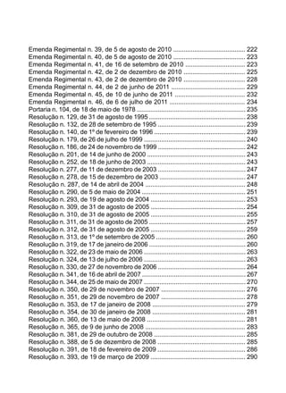 Emenda Regimental n. 39, de 5 de agosto de 2010 ......................................... 222
Emenda Regimental n. 40, de 5 de agosto de 2010 ......................................... 223
Emenda Regimental n. 41, de 16 de setembro de 2010 .................................. 223
Emenda Regimental n. 42, de 2 de dezembro de 2010 ................................... 225
Emenda Regimental n. 43, de 2 de dezembro de 2010 ................................... 228
Emenda Regimental n. 44, de 2 de junho de 2011 .......................................... 229
Emenda Regimental n. 45, de 10 de junho de 2011 ........................................ 232
Emenda Regimental n. 46, de 6 de julho de 2011 ........................................... 234
Portaria n. 104, de 18 de maio de 1978 .............................................................. 235
Resolução n. 129, de 31 de agosto de 1995 ....................................................... 238
Resolução n. 132, de 28 de setembro de 1995 .................................................. 239
Resolução n. 140, de 1º de fevereiro de 1996 .................................................... 239
Resolução n. 179, de 26 de julho de 1999 .......................................................... 240
Resolução n. 186, de 24 de novembro de 1999 .................................................. 242
Resolução n. 201, de 14 de junho de 2000 ........................................................ 243
Resolução n. 252, de 18 de junho de 2003 ........................................................ 243
Resolução n. 277, de 11 de dezembro de 2003 .................................................. 247
Resolução n. 278, de 15 de dezembro de 2003 ................................................. 247
Resolução n. 287, de 14 de abril de 2004 ......................................................... 248
Resolução n. 290, de 5 de maio de 2004 ........................................................... 251
Resolução n. 293, de 19 de agosto de 2004 ...................................................... 253
Resolução n. 309, de 31 de agosto de 2005 ...................................................... 254
Resolução n. 310, de 31 de agosto de 2005 ...................................................... 255
Resolução n. 311, de 31 de agosto de 2005 ....................................................... 257
Resolução n. 312, de 31 de agosto de 2005 ...................................................... 259
Resolução n. 313, de 1º de setembro de 2005 ................................................... 260
Resolução n. 319, de 17 de janeiro de 2006 ....................................................... 260
Resolução n. 322, de 23 de maio de 2006 .......................................................... 263
Resolução n. 324, de 13 de julho de 2006 .......................................................... 263
Resolução n. 330, de 27 de novembro de 2006 .................................................. 264
Resolução n. 341, de 16 de abril de 2007 ........................................................... 267
Resolução n. 344, de 25 de maio de 2007 .......................................................... 270
Resolução n. 350, de 29 de novembro de 2007 ................................................ 276
Resolução n. 351, de 29 de novembro de 2007 ................................................ 278
Resolução n. 353, de 17 de janeiro de 2008 ..................................................... 279
Resolução n. 354, de 30 de janeiro de 2008 ..................................................... 281
Resolução n. 360, de 13 de maio de 2008 ........................................................ 281
Resolução n. 365, de 9 de junho de 2008 ......................................................... 283
Resolução n. 381, de 29 de outubro de 2008 .................................................... 285
Resolução n. 388, de 5 de dezembro de 2008 .................................................. 285
Resolução n. 391, de 18 de fevereiro de 2009 .................................................. 286
Resolução n. 393, de 19 de março de 2009 ...................................................... 290
 