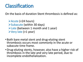 Classification
On the basis of duration Stent thrombosis is defined as:
Acute (<24 hours)
Subacute (within 30 days)
Late (between 1 month and 1 year)
Very late (>1 year)
•Both bare metal stent and drug-eluting stent
thrombosis occurs most commonly in the acute or
subacute time frame.
•Drug-eluting stents, however, also have a higher risk of
thrombosis in the late and very late period, due to
incomplete endothelialization.
 