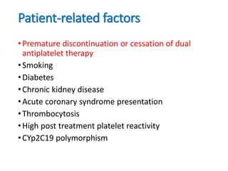 Patient-related factors
•Premature discontinuation or cessation of dual
antiplatelet therapy
•Smoking
•Diabetes
•Chronic kidney disease
•Acute coronary syndrome presentation
•Thrombocytosis
•High post treatment platelet reactivity
•CYp2C19 polymorphism
 