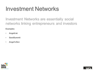Case Study: AngelList
―AngelList is a platform for
startups to meet investors
and talent.‖
Online pitching – Ability to pi...