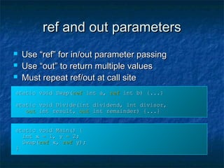 ref and out parametersref and out parameters
 Use “ref” for in/out parameter passingUse “ref” for in/out parameter passing
 Use “out” to return multiple valuesUse “out” to return multiple values
 Must repeat ref/out at call siteMust repeat ref/out at call site
static void Swap(static void Swap(refref int a,int a, refref int b) {...}int b) {...}
static void Divide(int dividend, int divisor,static void Divide(int dividend, int divisor,
outout int result,int result, outout int remainder) {...}int remainder) {...}
static void Main() {static void Main() {
int x = 1, y = 2;int x = 1, y = 2;
Swap(Swap(refref x,x, refref y);y);
}}
 