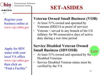 Veteran Owned Small Business (VOB) At least 51% owned and operated by Veterans (DD214 as proof of service) Veteran = served in any branch of the US military for 90 consecutive days of active duty during a war time period Service Disabled Veteran Owned  Small Business (SDVOSB) At least 51% owned and operated by Service Disabled Veterans Service Disabled Veteran status must be verified by the VA SET-ASIDES Register your business online at  www.vip.vetbiz.gov   Apply for SDV status with your local VA office www.vip.vetbiz.gov   then click on  “ Find a Facility” Law 