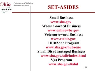Small Business www.sba.gov   Woman-owned Business www.onlinewbc.gov   Veteran-owned Business www.vetbiz.gov   HUBZone Program www.sba.gov/hubzone   Small Disadvantaged Business www.sba.gov/sdb/index.html   8(a) Program www.sba.gov/8abd   SET-ASIDES 