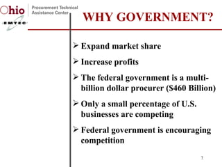 Expand market share Increase profits  The federal government is a multi-billion dollar procurer ($460 Billion)  Only a small percentage of U.S. businesses are competing Federal government is encouraging competition WHY GOVERNMENT? 