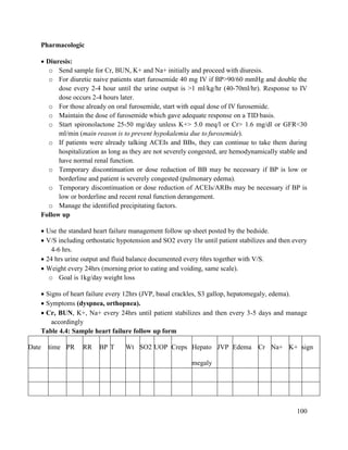 100
Pharmacologic
 Diuresis:
o Send sample for Cr, BUN, K+ and Na+ initially and proceed with diuresis.
o For diuretic naive patients start furosemide 40 mg IV if BP>90/60 mmHg and double the
dose every 2-4 hour until the urine output is >1 ml/kg/hr (40-70ml/hr). Response to IV
dose occurs 2-4 hours later.
o For those already on oral furosemide, start with equal dose of IV furosemide.
o Maintain the dose of furosemide which gave adequate response on a TID basis.
o Start spironolactone 25-50 mg/day unless K+> 5.0 meq/l or Cr> 1.6 mg/dl or GFR<30
ml/min (main reason is to prevent hypokalemia due to furosemide).
o If patients were already talking ACEIs and BBs, they can continue to take them during
hospitalization as long as they are not severely congested, are hemodynamically stable and
have normal renal function.
o Temporary discontinuation or dose reduction of BB may be necessary if BP is low or
borderline and patient is severely congested (pulmonary edema).
o Temporary discontinuation or dose reduction of ACEIs/ARBs may be necessary if BP is
low or borderline and recent renal function derangement.
o Manage the identified precipitating factors.
Follow up
 Use the standard heart failure management follow up sheet posted by the bedside.
 V/S including orthostatic hypotension and SO2 every 1hr until patient stabilizes and then every
4-6 hrs.
 24 hrs urine output and fluid balance documented every 6hrs together with V/S.
 Weight every 24hrs (morning prior to eating and voiding, same scale).
o Goal is 1kg/day weight loss
 Signs of heart failure every 12hrs (JVP, basal crackles, S3 gallop, hepatomegaly, edema).
 Symptoms (dyspnea, orthopnea).
 Cr, BUN, K+, Na+ every 24hrs until patient stabilizes and then every 3-5 days and manage
accordingly
Table 4.4: Sample heart failure follow up form
Date time PR RR BP T Wt SO2 UOP Creps Hepato
megaly
JVP Edema Cr Na+ K+ sign
 