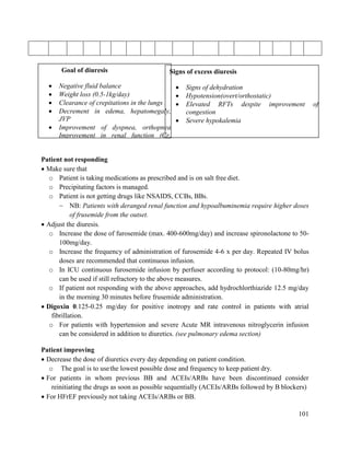 101
Goal of diuresis
 Negative fluid balance
 Weight loss (0.5-1kg/day)
 Clearance of crepitations in the lungs
 Decrement in edema, hepatomegaly,
JVP
 Improvement of dyspnea, orthopnea
Improvement in renal function (Cr,
BUN)
Signs of excess diuresis
 Signs of dehydration
 Hypotension(overt/orthostatic)
 Elevated RFTs despite improvement of
congestion
 Severe hypokalemia
Patient not responding
 Make sure that
o Patient is taking medications as prescribed and is on salt free diet.
o Precipitating factors is managed.
o Patient is not getting drugs like NSAIDS, CCBs, BBs.
 NB: Patients with deranged renal function and hypoalbuminemia require higher doses
of frusemide from the outset.
 Adjust the diuresis.
o Increase the dose of furosemide (max. 400-600mg/day) and increase spironolactone to 50-
100mg/day.
o Increase the frequency of administration of furosemide 4-6 x per day. Repeated IV bolus
doses are recommended that continuous infusion.
o In ICU continuous furosemide infusion by perfuser according to protocol: (10-80mg/hr)
can be used if still refractory to the above measures.
o If patient not responding with the above approaches, add hydrochlorthiazide 12.5 mg/day
in the morning 30 minutes before frusemide administration.
 Digoxin 0.125-0.25 mg/day for positive inotropy and rate control in patients with atrial
fibrillation.
o For patients with hypertension and severe Acute MR intravenous nitroglycerin infusion
can be considered in addition to diuretics. (see pulmonary edema section)
Patient improving
 Decrease the dose of diuretics every day depending on patient condition.
o The goal is to usethe lowest possible dose and frequency to keep patient dry.
 For patients in whom previous BB and ACEIs/ARBs have been discontinued consider
reinitiating the drugs as soon as possible sequentially (ACEIs/ARBs followed by B blockers)
 For HFrEF previously not taking ACEIs/ARBs or BB.
 