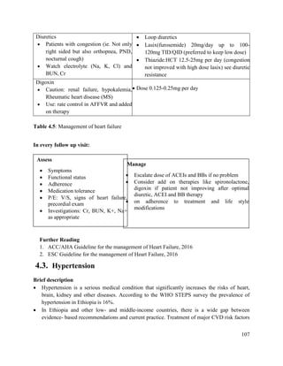 107
Assess
 Symptoms
 Functional status
 Adherence
 Medication tolerance
 P/E: V/S, signs of heart failure,
precordial exam
 Investigations: Cr, BUN, K+, Na+
as appropriate
Manage
 Escalate dose of ACEIs and BBs if no problem
 Consider add on therapies like spironolactone,
digoxin if patient not improving after optimal
diuretic, ACEI and BB therapy
 on adherence to treatment and life style
modifications
Table 4.5: Management of heart failure
In every follow up visit:
Further Reading
1. ACC/AHA Guideline for the management of Heart Failure, 2016
2. ESC Guideline for the management of Heart Failure, 2016
4.3. Hypertension
Brief description
 Hypertension is a serious medical condition that significantly increases the risks of heart,
brain, kidney and other diseases. According to the WHO STEPS survey the prevalence of
hypertension in Ethiopia is 16%.
 In Ethiopia and other low- and middle-income countries, there is a wide gap between
evidence- based recommendations and current practice. Treatment of major CVD risk factors
Diuretics
 Patients with congestion (ie. Not only
right sided but also orthopnea, PND,
nocturnal cough)
 Watch electrolyte (Na, K, Cl) and
BUN, Cr
 Loop diuretics
 Lasix(furosemide) 20mg/day up to 100-
120mg TID/QID (preferred to keep low dose)
 Thiazide:HCT 12.5-25mg per day (congestion
not improved with high dose lasix) see diuretic
resistance
Digoxin
 Caution: renal failure, hypokalemia,
Rheumatic heart disease (MS)
 Use: rate control in AFFVR and added
on therapy
 Dose 0.125-0.25mg per day
 