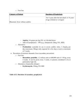 130
o First line
 Aspirin, 4-8 grams per day P.O. in 4 divided doses
 Add a GI prophylaxis – PPI (e.g., Omeprazole 20mg, P.O., BID)
o Alternative
 Prednisolone (consider its use in severe carditis only), 1–2mg/kg per
day (maximum, 80mg); only required for a few days or up to a maximum
of 3 weeks.
 Prevention of recurrent rheumatic fever (secondary prevention)
o First line
 Benzathine penicillin, 1.2 million units or 600,000 units if <30 kg, every
4 weeks. It can be given every 3 weeks, to persons considered to be at
particularly high risk.
o Alternative (if penicillin allergic)
 Erythromycin, 250mg, P.O. BID
Table 4.5.1: Duration of secondary prophylaxis
Category of Patient Duration of Prophylaxis
Rheumatic fever without carditis
For 5 years after the last attack or 18 years
of age (whichever is longer)
 