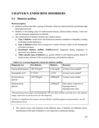 139
CHAPTER 5: ENDOCRINE DISORDERS
5.1 Diabetes mellitus
Brief description
 Diabetes mellitus describes a group of disorders which are characterized by persistently high
blood glucose levels.
 Diabetes is the leading cause of cardiovascular disease, chronic kidney disease, visual loss
and non-traumatic amputations worldwide.
 The classification of diabetes includes four clinical classes
o Type 1 diabetes- results from cell destruction (immune mediated or idiopathic), leading
to absolute insulin deficiency.
o Type 2 diabetes-results from a progressive insulin secretory defect on the background
of insulin resistance.
o Gestational diabetes mellitus (GDM)-diabetes diagnosed during pregnancy in
previously non-diabetic woman
o Other specific types of diabetes e.g., genetic defects in cell function genetic defects in
insulin action, diseases of the exocrine pancreas, and medicine induced
Table 5.1.2. Current diagnostic criteria for diabetes mellitus
Diagnostic test Pre-diabetes Diabetes Remarks
Fasting blood glucose 100-125mg/dl >126 mg/dl At least 2 tests needed*
Hemoglobin A1C#
5.7-6.4% > 6.5% At least 2 tests needed*
02-hour plasma
glucose
140-199mg/dl >200mg/dl At least 2 tests needed
Random blood
glucose
>200mg/dl Only classic symptoms of
hyperglycemia or
hyperglycemic crisis
*If both fasting blood sugar and hemoglobin A1C are done initially and both are in the diabetic
range, repeat test is not necessary for the diagnosis.
# If there is significant discrepancy between HbA1C and blood glucose measurements, use the
blood glucose level.
 The clinical course and treatment of the different types of diabetes are different; hence,
classification of the type of diabetes is very important to determine therapy.
 