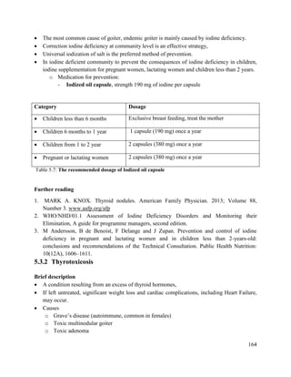 164
 The most common cause of goiter, endemic goiter is mainly caused by iodine deficiency.
 Correction iodine deficiency at community level is an effective strategy,
 Universal iodization of salt is the preferred method of prevention.
 In iodine deficient community to prevent the consequences of iodine deficiency in children,
iodine supplementation for pregnant women, lactating women and children less than 2 years.
o Medication for prevention:
- Iodized oil capsule, strength 190 mg of iodine per capsule
Table 5.7: The recommended dosage of Iodized oil capsule
Further reading
1. MARK A. KNOX. Thyroid nodules. American Family Physician. 2013; Volume 88,
Number 3. www.aafp.org/afp
2. WHO/NHD/01.1 Assessment of Iodine Deficiency Disorders and Monitoring their
Elimination, A guide for programme managers, second edition.
3. M Andersson, B de Benoist, F Delange and J Zupan. Prevention and control of iodine
deficiency in pregnant and lactating women and in children less than 2-years-old:
conclusions and recommendations of the Technical Consultation. Public Health Nutrition:
10(12A), 1606–1611.
5.3.2 Thyrotoxicosis
Brief description
 A condition resulting from an excess of thyroid hormones,
 If left untreated, significant weight loss and cardiac complications, including Heart Failure,
may occur.
 Causes
o Grave‘s disease (autoimmune, common in females)
o Toxic multinodular goiter
o Toxic adenoma
Category Dosage
 Children less than 6 months Exclusive breast feeding, treat the mother
 Children 6 months to 1 year 1 capsule (190 mg) once a year
 Children from 1 to 2 year 2 capsules (380 mg) once a year
 Pregnant or lactating women 2 capsules (380 mg) once a year
 