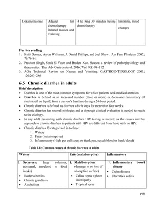 198
Dexamethasone Adjunct for
chemotherapy
induced nausea and
vomiting
4 to 8mg 30 minutes before
chemotherapy
Insomnia, mood
changes
Further reading
1. Keith Scorza, Aaron Williams, J. Daniel Phillips, and Joel Shaw. Am Fam Physician 2007;
76:76-84.
2. Prashant Singh, Sonia S. Yoon and Braden Kuo. Nausea: a review of pathophysiology and
therapeutics. Ther Adv Gastroenterol. 2016, Vol. 9(1) 98–112
3. AGA Technical Review on Nausea and Vomiting. GASTROENTEROLOGY 2001;
120:263–286
6.5 Chronic diarrhea in adults
Brief description
 Diarrhea is one of the most common symptoms for which patients seek medical attention.
 Diarrhea is defined as an increased number (three or more) or decreased consistency of
stools (soft or liquid) from a person‘s baseline during a 24-hour period.
 Chronic diarrhea is defined as diarrhea which stays for more than four weeks.
 Chronic diarrhea has several etiologies and a thorough clinical evaluation is needed to reach
to the etiology.
 In any adult presenting with chronic diarrhea HIV testing is needed; as the causes and the
approach to chronic diarrhea in patients with HIV are different from those with no HIV.
 Chronic diarrhea IS categorized in to three:
1. Watery
2. Fatty (malabsorptive)
3. Inflammatory (High pus cell count or frank pus, occult blood or frank blood)
Table 6.6: Common causes of chronic diarrhea in adults
Watery Fatty(malabsorptive) Inflammatory
1. Secretory: large volumes,
nocturnal, unrelated to food
intake)
 Bacterial toxins
 Chronic giardiasis
 Alcoholism
1. Malabsorption
(damage to or loss of
absorptive surface)
 Celiac sprue (gluten
enteropathy
 Tropical sprue
1. Inflammatory bowel
disease
 Crohn disease
 Ulcerative colitis
 