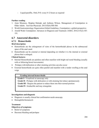 204
- Liquid paraffin, 10ml, P.O. every 8-12 hours as required
Further reading
1. Anne Mounsey, Meghan Raleigh, and Anthony Wilson. Management of Constipation in
Older Adults. Am Fam Physician. 2015;92(6):500-504.
2. World Gastroenterology Organization Global Guidelines. Constipation: a global perspective.
3. Arnold Wald. Constipation: Advances in Diagnosis and Treatment. JAMA. 2016;315(2):185-
191.
6.7 Anorectal disorders
6.7.1 Hemorrhoids
Brief description
 Hemorrhoids are the enlargement of veins of the hemorrhoidal plexus in the submucosal
space of the anal canal.
 Hemorrhoids can be external or internal depending on whether it is the internal or external
plexus that is enlarged.
Clinical features
 Internal Hemorrhoids are painless and often manifest with bright red rectal bleeding (usually
with or following bowel movements)
 Prolapse with defecation or other straining activities can also occur
 External hemorrhoids are quite often painful and manifest with a tender swelling at the anal
verge
Grading internal hemorrhoids
Grade I - Visualized on anoscopy only
Grade II - Prolapse with defecation or with straining but reduce spontaneously
Grade III - Require the patient to reduce them into their normal position
Grade IV- Irreducible and may strangulate
Investigations and diagnosis
 Diagnosis is usually clinical but confirmation needs anoscopy
 Hemoglobin/hematocrit
Treatment
Objectives of symptoms
 Relief of symptoms
 Decrease bleeding and prolapse
 