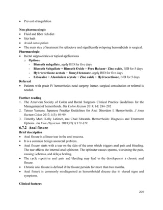 205
 Prevent strangulation
Non pharmacologic
 Fluid and fiber rich diet
 Sitz bath
 Avoid constipation
 The main stay of treatment for refractory and significantly relapsing hemorrhoids is surgical.
Pharmacologic
 Rectal suppositories or topical applications
o Options
- Bismuth subgallate, apply BID for five days
- Bismuth Subgallate + Bismuth Oxide + Peru Balsam+ Zinc oxide, BID for 5 days
- Hydrocortisone acetate + Benzyl benzoate, apply BID for five days
- Lidocaine + Aluminium acetate + Zinc oxide + Hydrocortisone, BID for 5 days
Referral
 Patients with grade IV hemorrhoids need surgery; hence, surgical consultation or referral is
needed.
Further reading
1. The American Society of Colon and Rectal Surgeons Clinical Practice Guidelines for the
Management of hemorrhoids. Dis Colon Rectum 2018; 61: 284–292
2. Tetsuo Yamana. Japanese Practice Guidelines for Anal Disorders I. Hemorrhoids. J Anus
Rectum Colon 2017; 1(3): 89-99.
3. Timothy Mott, Kelly Latimer, and Chad Edwards. Hemorrhoids: Diagnosis and Treatment
Options. Am Fam Physician. 2018;97(3):172-179.
6.7.2 Anal fissure
Brief description
 Anal fissure is a linear tear in the anal mucosa.
 It is a common benign anorectal problem.
 Anal fissure starts with a tear on the skin of the anus which triggers anal pain and bleeding.
The tear affects the internal anal sphincter. The sphincter causes spasms, worsening the pain,
causing ischemia, and delays healing.
 The cycle repetitive anal pain and bleeding may lead to the development a chronic anal
fissure.
 Chronic anal fissure is defined if the fissure persists for more than two months.
 Anal fissure is commonly misdiagnosed as hemorrhoidal disease due to shared signs and
symptoms.
Clinical features
 