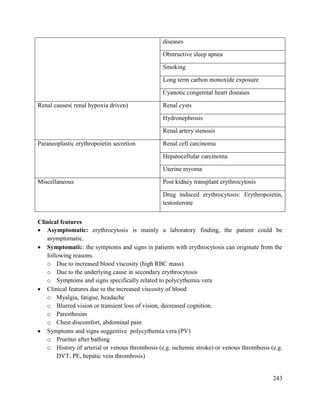 243
diseases
Obstructive sleep apnea
Smoking
Long term carbon monoxide exposure
Cyanotic congenital heart diseases
Renal causes( renal hypoxia driven) Renal cysts
Hydronephrosis
Renal artery stenosis
Paraneoplastic erythropoietin secretion Renal cell carcinoma
Hepatocellular carcinoma
Uterine myoma
Miscellaneous Post kidney transplant erythrocytosis
Drug induced erythrocytosis: Erythropoietin,
testosterone
Clinical features
 Asymptomatic: erythrocytosis is mainly a laboratory finding, the patient could be
asymptomatic.
 Symptomatic: the symptoms and signs in patients with erythrocytosis can originate from the
following reasons.
o Due to increased blood viscosity (high RBC mass)
o Due to the underlying cause in secondary erythrocytosis
o Symptoms and signs specifically related to polycythemia vera
 Clinical features due to the increased viscosity of blood
o Myalgia, fatigue, headache
o Blurred vision or transient loss of vision, decreased cognition.
o Paresthesias
o Chest discomfort, abdominal pain
 Symptoms and signs suggestive polycythemia vera (PV)
o Pruritus after bathing
o History of arterial or venous thrombosis (e.g. ischemic stroke) or venous thrombosis (e.g.
DVT, PE, hepatic vein thrombosis)
 