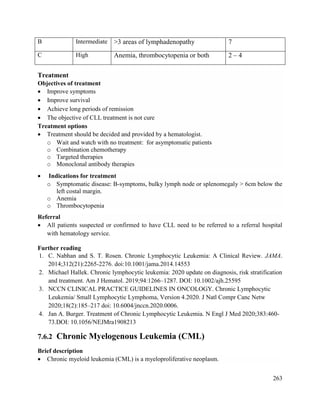 263
Treatment
Objectives of treatment
 Improve symptoms
 Improve survival
 Achieve long periods of remission
 The objective of CLL treatment is not cure
Treatment options
 Treatment should be decided and provided by a hematologist.
o Wait and watch with no treatment: for asymptomatic patients
o Combination chemotherapy
o Targeted therapies
o Monoclonal antibody therapies
 Indications for treatment
o Symptomatic disease: B-symptoms, bulky lymph node or splenomegaly > 6cm below the
left costal margin.
o Anemia
o Thrombocytopenia
Referral
 All patients suspected or confirmed to have CLL need to be referred to a referral hospital
with hematology service.
Further reading
1. C. Nabhan and S. T. Rosen. Chronic Lymphocytic Leukemia: A Clinical Review. JAMA.
2014;312(21):2265-2276. doi:10.1001/jama.2014.14553
2. Michael Hallek. Chronic lymphocytic leukemia: 2020 update on diagnosis, risk stratification
and treatment. Am J Hematol. 2019;94:1266–1287. DOI: 10.1002/ajh.25595
3. NCCN CLINICAL PRACTICE GUIDELINES IN ONCOLOGY. Chronic Lymphocytic
Leukemia/ Small Lymphocytic Lymphoma, Version 4.2020. J Natl Compr Canc Netw
2020;18(2):185–217 doi: 10.6004/jnccn.2020.0006.
4. Jan A. Burger. Treatment of Chronic Lymphocytic Leukemia. N Engl J Med 2020;383:460-
73.DOI: 10.1056/NEJMra1908213
7.6.2 Chronic Myelogenous Leukemia (CML)
Brief description
 Chronic myeloid leukemia (CML) is a myeloproliferative neoplasm.
B Intermediate >3 areas of lymphadenopathy 7
C High Anemia, thrombocytopenia or both 2 – 4
 