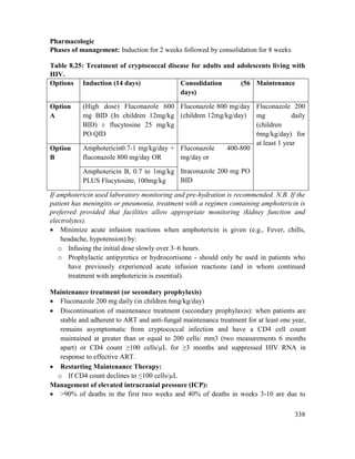 338
Pharmacologic
Phases of management: Induction for 2 weeks followed by consolidation for 8 weeks
Table 8.25: Treatment of cryptococcal disease for adults and adolescents living with
HIV.
Options Induction (14 days) Consolidation (56
days)
Maintenance
Option
A
(High dose) Fluconazole 600
mg BID (In children 12mg/kg
BID) ± flucytosine 25 mg/kg
PO QID
Fluconazole 800 mg/day
(children 12mg/kg/day)
Fluconazole 200
mg daily
(children
6mg/kg/day) for
at least 1 year
Option
B
Amphotericin0.7-1 mg/kg/day +
fluconazole 800 mg/day OR
Fluconazole 400-800
mg/day or
Itraconazole 200 mg PO
BID
Amphotericin B, 0.7 to 1mg/kg
PLUS Flucytosine, 100mg/kg
If amphotericin used laboratory monitoring and pre-hydration is recommended. N.B. If the
patient has meningitis or pneumonia, treatment with a regimen containing amphotericin is
preferred provided that facilities allow appropriate monitoring (kidney function and
electrolytes).
 Minimize acute infusion reactions when amphotericin is given (e.g., Fever, chills,
headache, hypotension) by:
o Infusing the initial dose slowly over 3–6 hours.
o Prophylactic antipyretics or hydrocortisone - should only be used in patients who
have previously experienced acute infusion reactions (and in whom continued
treatment with amphotericin is essential).
Maintenance treatment (or secondary prophylaxis)
 Fluconazole 200 mg daily (in children 6mg/kg/day)
 Discontinuation of maintenance treatment (secondary prophylaxis): when patients are
stable and adherent to ART and anti-fungal maintenance treatment for at least one year,
remains asymptomatic from cryptococcal infection and have a CD4 cell count
maintained at greater than or equal to 200 cells/ mm3 (two measurements 6 months
apart) or CD4 count ≥100 cells/µL for ≥3 months and suppressed HIV RNA in
response to effective ART.
 Restarting Maintenance Therapy:
o If CD4 count declines to ≤100 cells/µL
Management of elevated intracranial pressure (ICP):
 >90% of deaths in the first two weeks and 40% of deaths in weeks 3-10 are due to
 